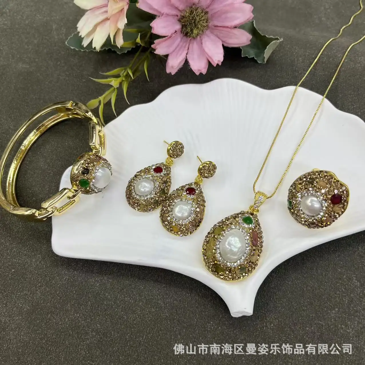 DIY accessories New Pearl Set Natural Baroque Freshwater Pearl Four-piece Set Pottery Clay Diamond Craft Overseas Cross-border J