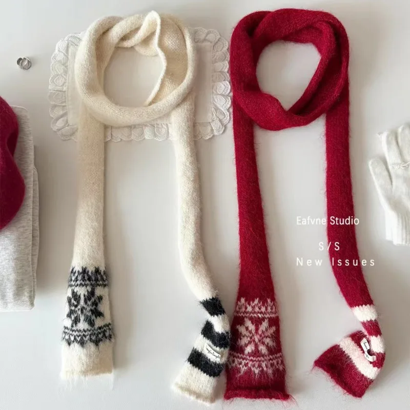 Women s Narrow Long Protective Scarf Vintage Red Snowflake Stripe Elegant Neckwear for Daily Use