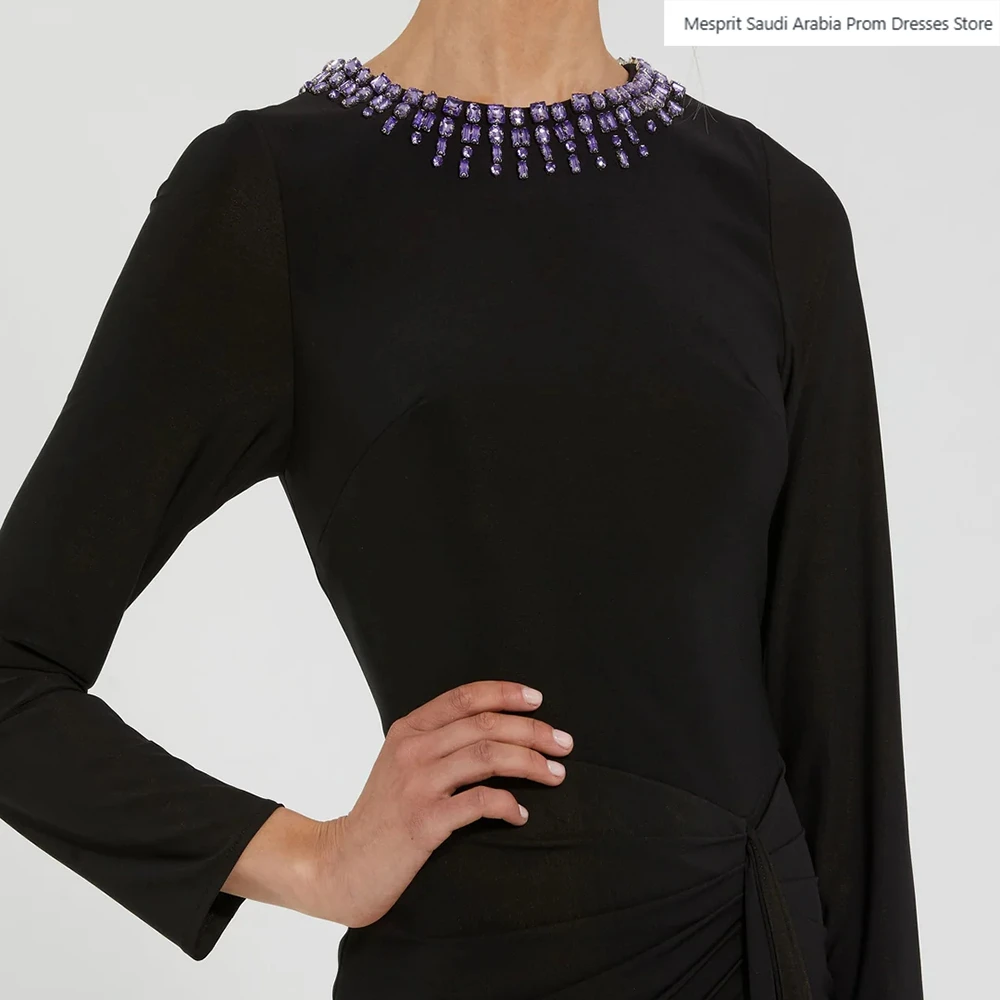 Vestidos de Noche negros de corte A para mujer, vestido de fiesta de manga larga con cuello redondo hasta el tobillo, vestidos personalizados drapeados simples de cristal a la moda