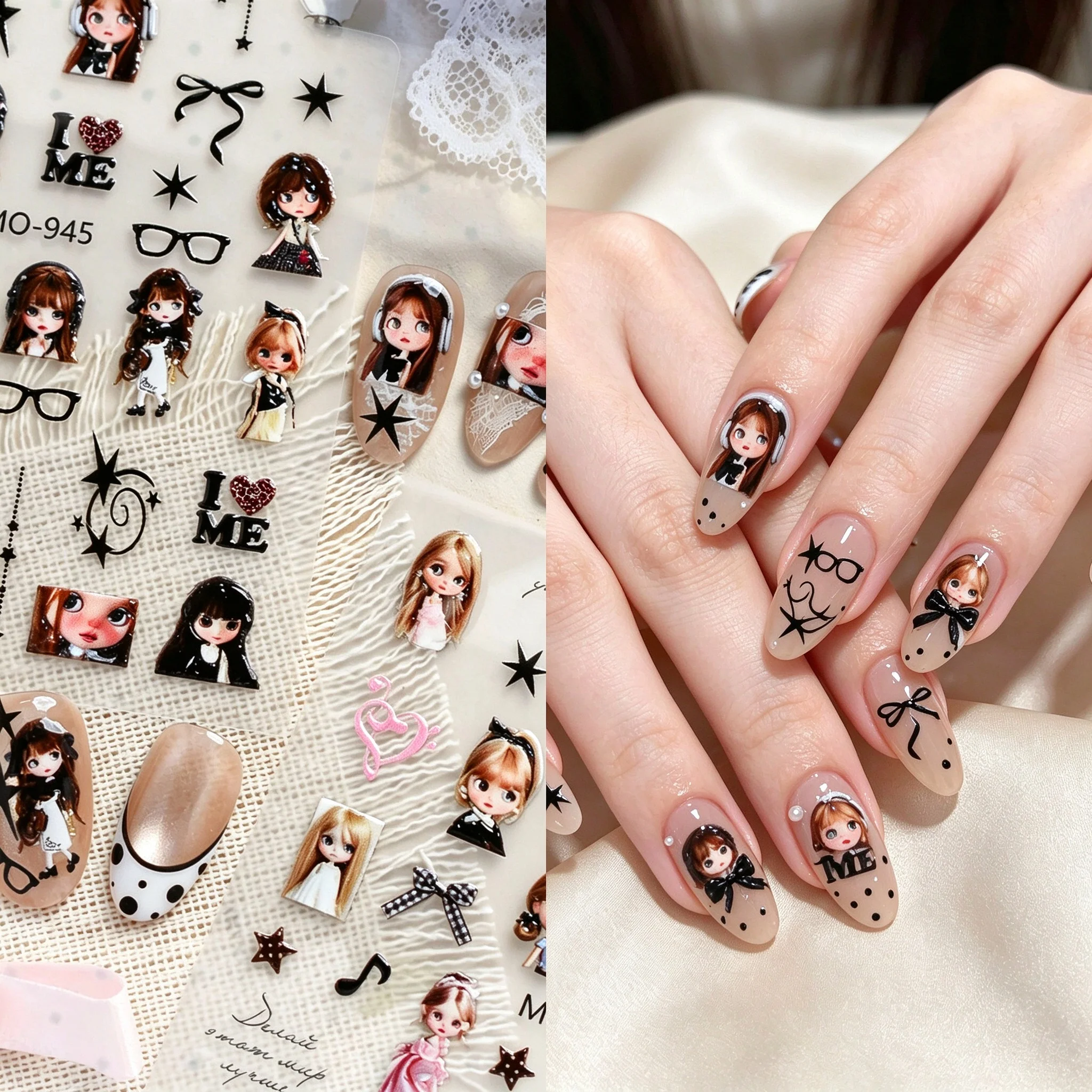 Millennial Style Sweet Doll Nail Stickers Y2K Vintage Doll Ins High-Value Cute Doll Pattern 3D Adhesive DIY Nail Decoration Stickers
