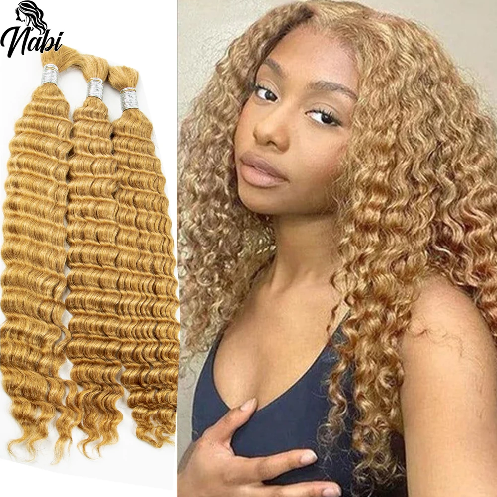 Nabi extensiones de cabello humano virgen, mechones trenzados de pelo rubio miel, onda profunda, a granel, sin trama, trenzas bohemias