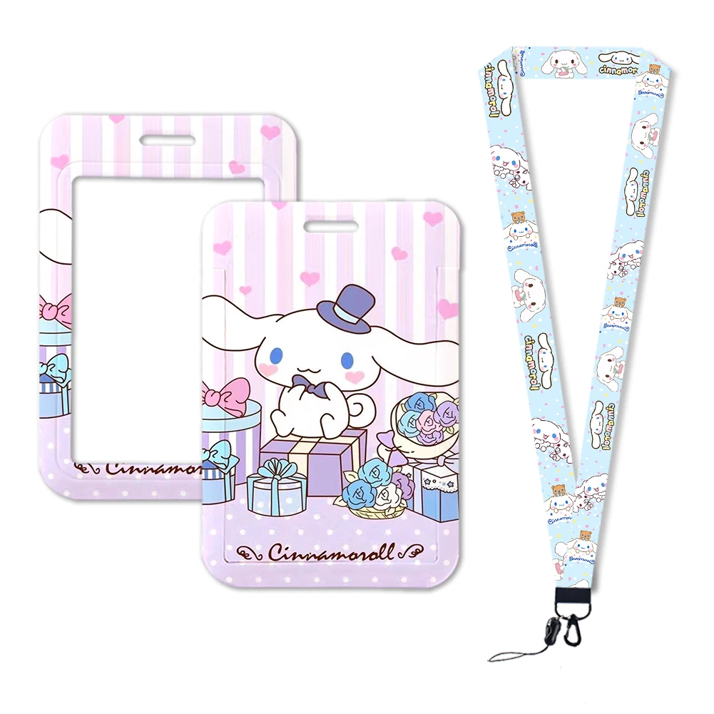 W Cinnamoroll-ID Badge Holder para Meninas, Cordão, Clipe Retrátil, Deslizamento, Titulares De Cartão De Crédito, Correia De Pescoço, Porta Cartão Case, Chaveiro Carretel