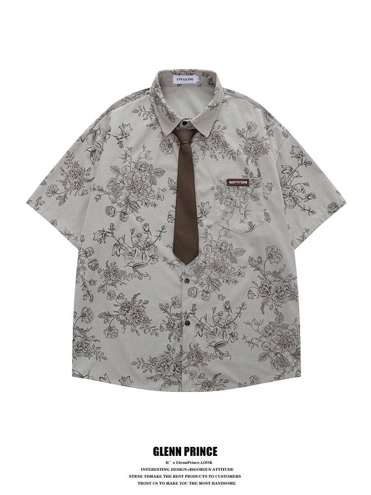 

American Retro Floral Print ort Sve Men's irt Summer Loose Tie Design Casual Sle Polyester Fiber Breathable Skin-Fri...