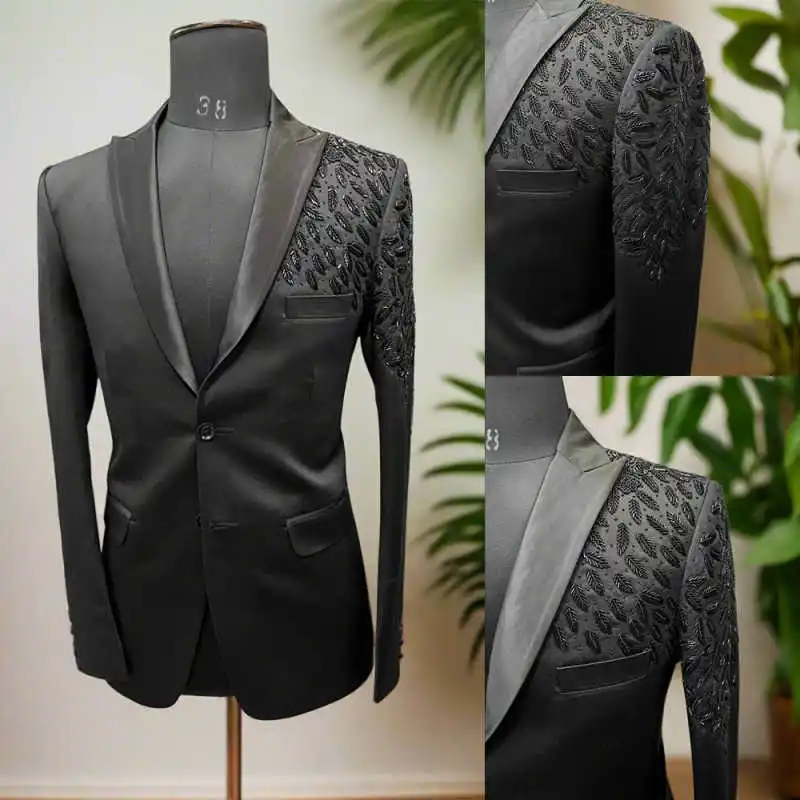

Luxury Beaded Men Suits Slim Fit 2 Piece Jacket Pants Peaked Lapel Single Breasted Groom Wedding Tuxedos Formal Prom Customized