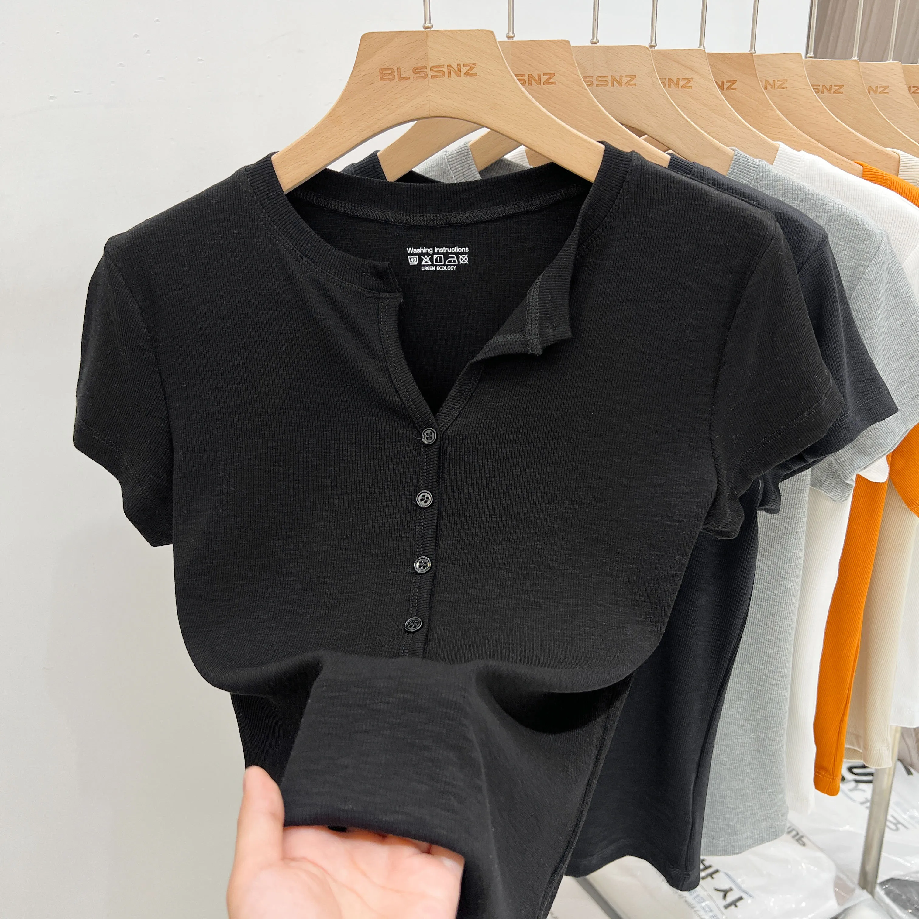 Zjaiss 2026 Summer V-Neck Short Sleeve Women's T-Shirt Fashion Solid Color Slim Fit Button Tops Casual Versatile Ribbed Tee