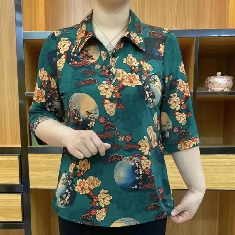 Elegant Vintage Women Long Sleeve Floral T-Shirt Spring Autumn New Tees Female Clothing Casual V-neck Loose Fashion Casual Tops