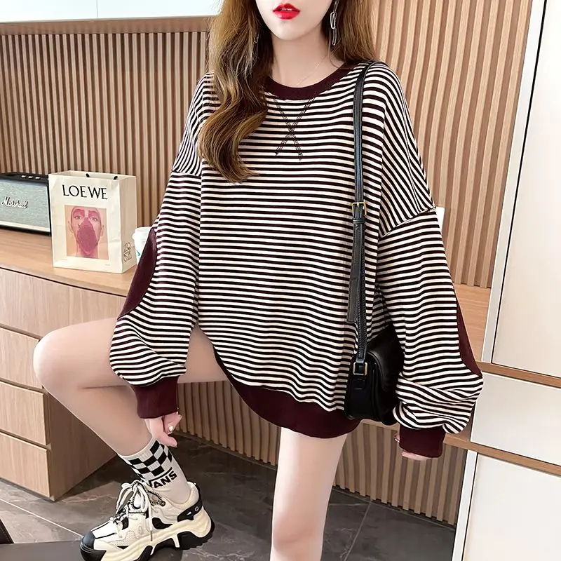 Fashion O-Neck Spliced Loose Striped Sweatshirts Female Clothing 2023 Autumn Winter Oversized Casual Tops All-match Sweatshirts