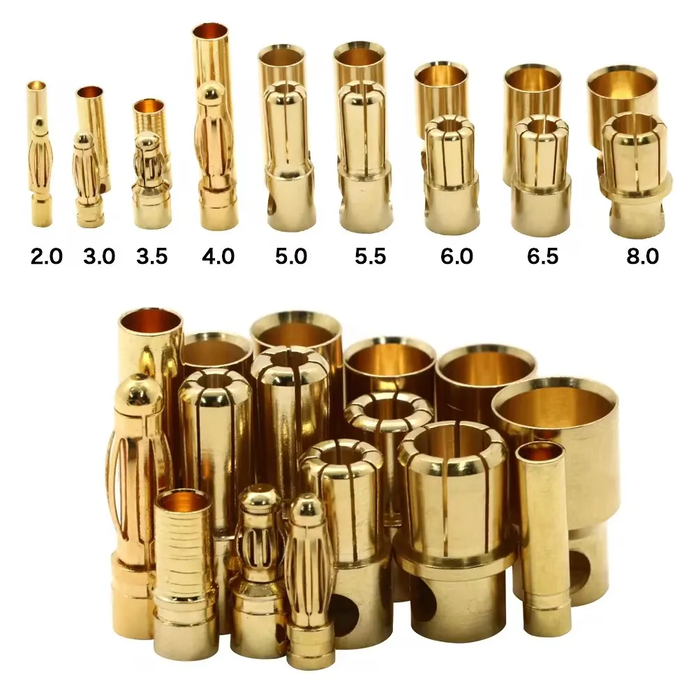 20pcs/10 pair 2.0mm 3.0mm 3.5mm 4.0mm 5.5mm 6.0mm 8.0MM Gold Bullet Banana Connector plug for ESC Lipo RC battery Plugs