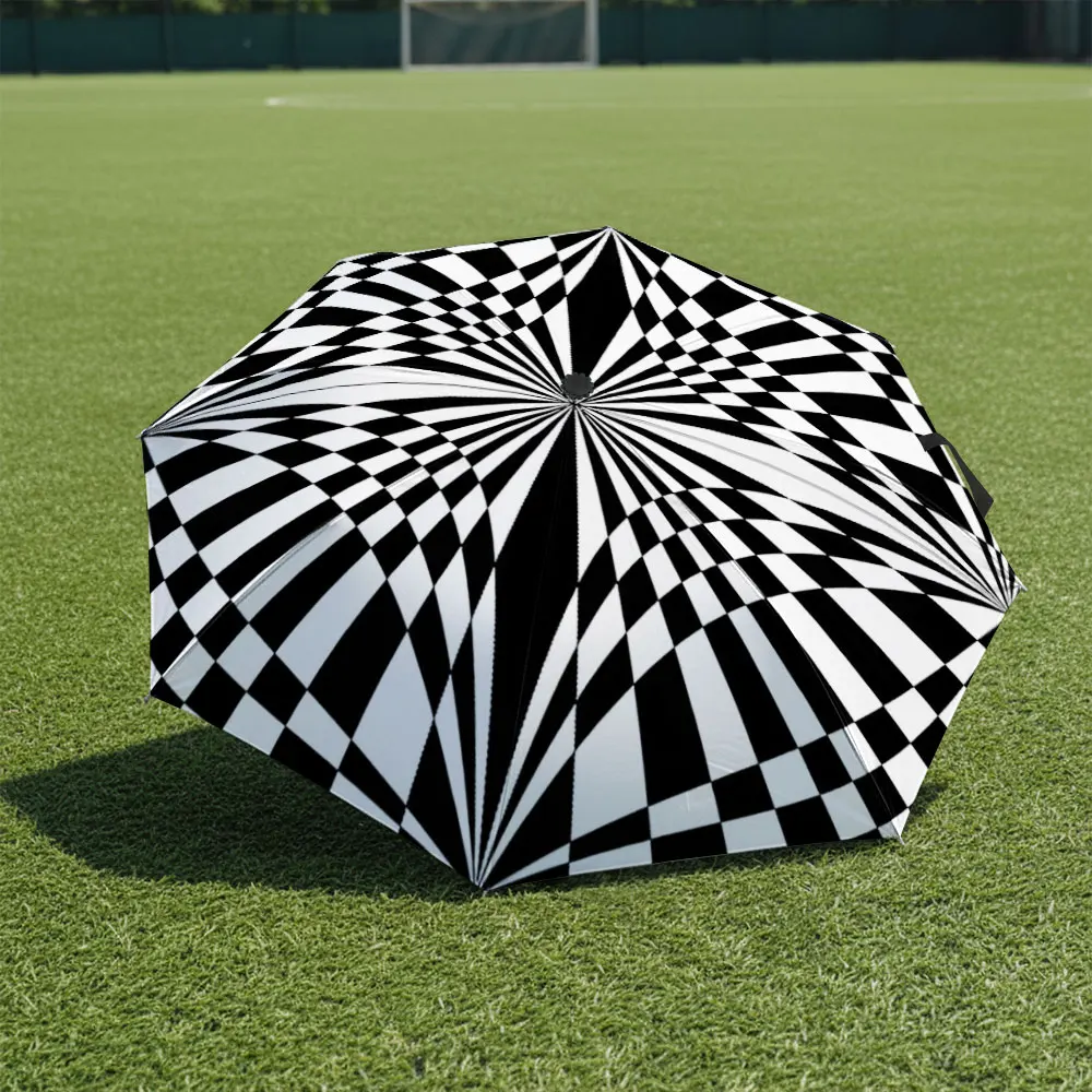 1P C Black and White Geometric Umbrella on a Bright Day Print 8 Iron Ribs Folding Umbrella Auto-Open Fashion Sunshade