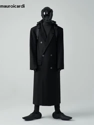 Mauroicardi Autumn Winter Long Loose Luxury Warm Soft Black Woolen Trench Coat Men Double Breasted Cool European Overcoat 2022