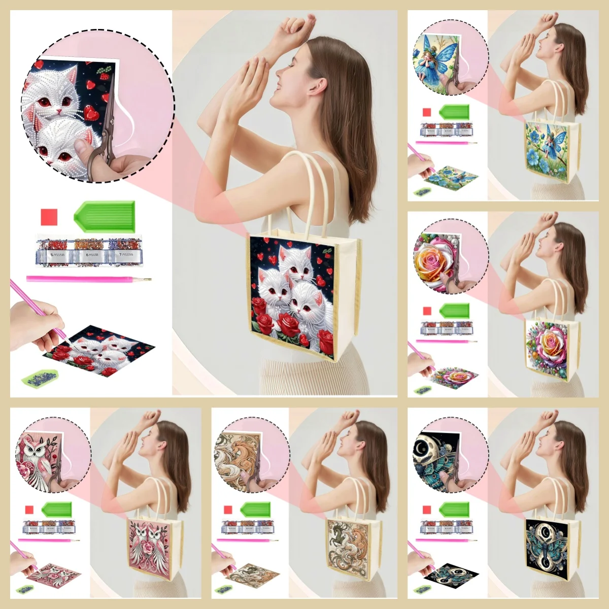 

1 Piece DIY Diamond Mosaic Canvas Bag, animal pattern. Unfinished diamond painting handbag with tools for shopping.