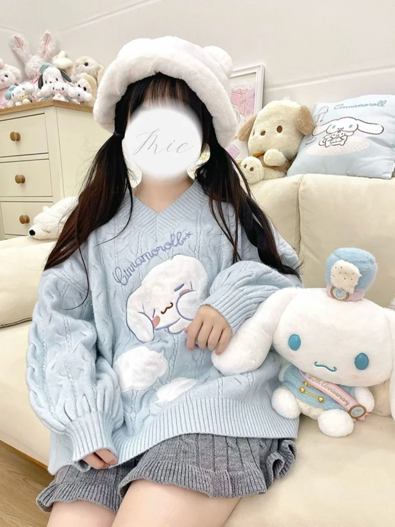 Sanrio Lolita Sweater Cinnamoroll Patch Embroidery Spring Autumn Sky Blue Knitted Sweater Kawaii Soft Girl tops Student Pullover