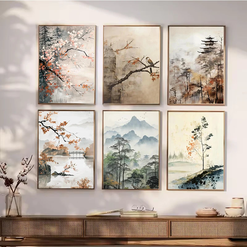 1pc frameless Canvas Painting Zen Peaceful Chinese Landscape Poster Prints Bird Still Life Canvas Painting Modern Minimalist Wal
