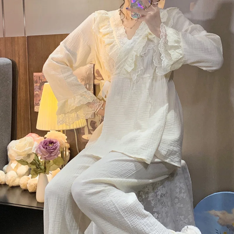 Pajama Pants Princess Sleepwear Lace Pajamas Sleeping Pajamas Women Home Clothes for Women Homewear Home Set Female Cute Pjs - view 4