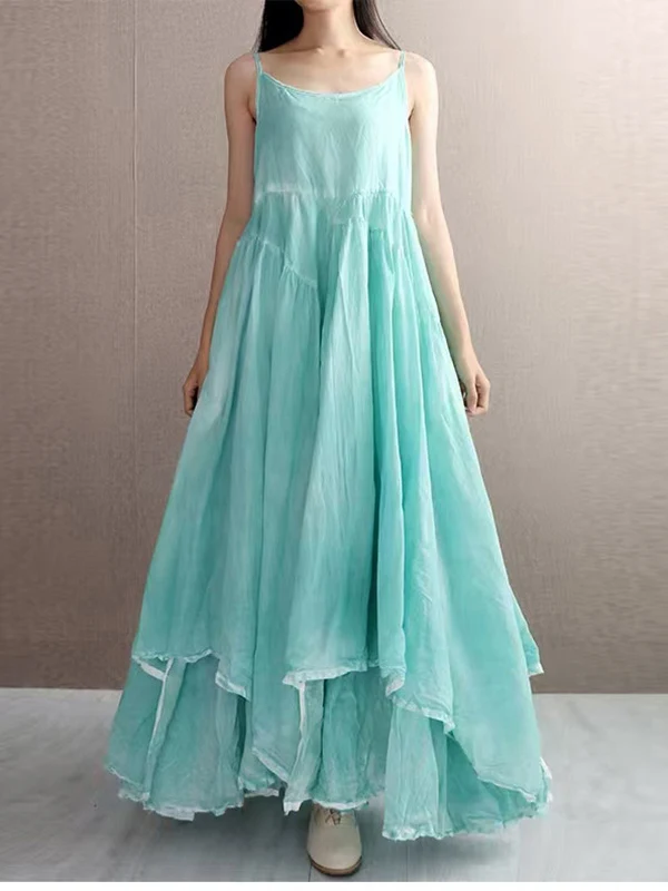 Artístico cor pura dupla camada assimétrica lin longo feminino dr verão emagrecimento cinta dres algodão linho material