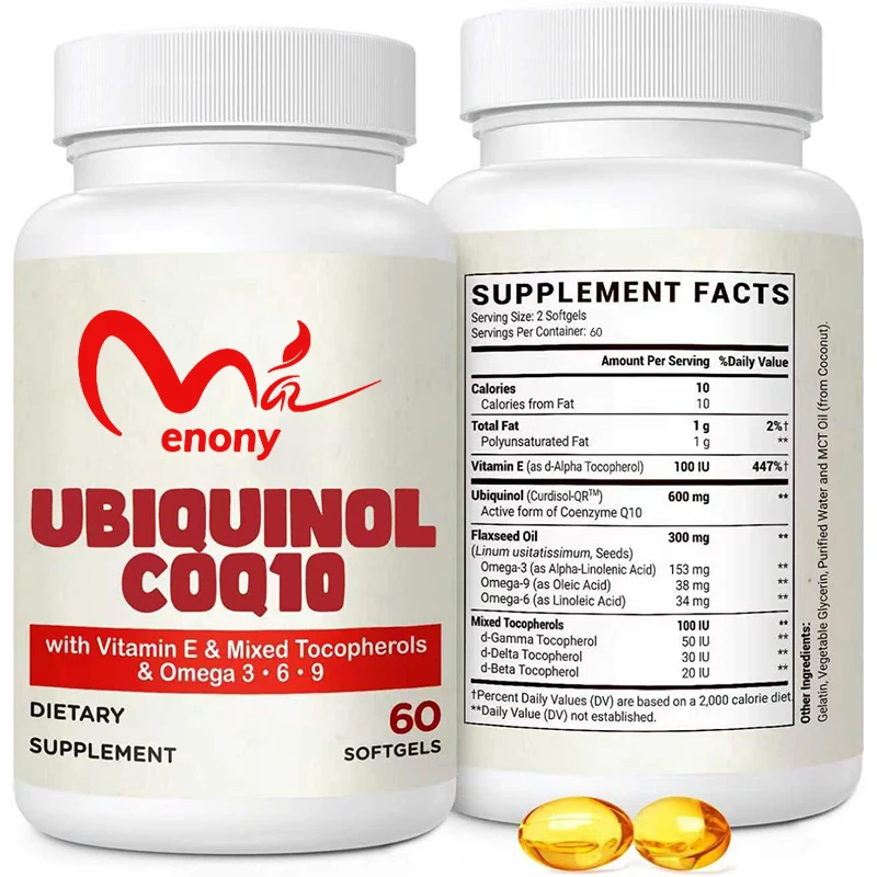 Coenzyme Q10-600mg supplement, containing vitamin E and Omega, powerful antioxidant to generate energy, 60 capsules