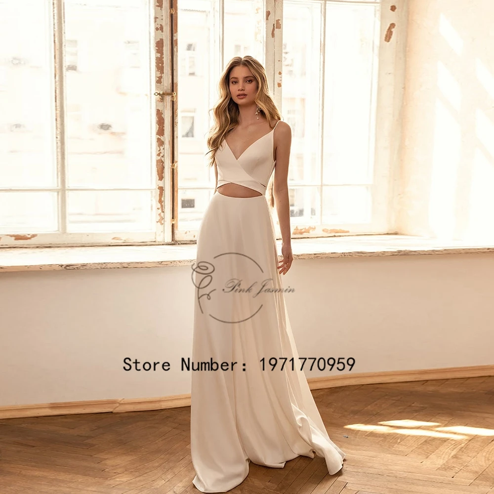 

Ivory Spaghetti V-Neck Straps Wedding Dresses Sexy Backless Customised Soft Satin A-line Vestido De Noiva Civil For Women 2024