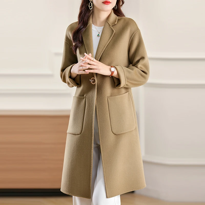 

Jueqi Double sided Cashmere Coat for Women's Korean Medium Long 100% Pure Wool Autumn and Winter New Woolen Coat HE-24