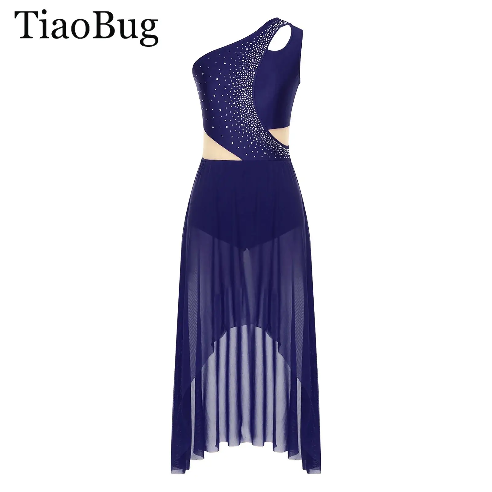 

Women One Shoulder Sleeveless Lyrical Dance Dress High-Low Rhinestone Modern Ballet Gymnastics Leotard Dress Performance Costume