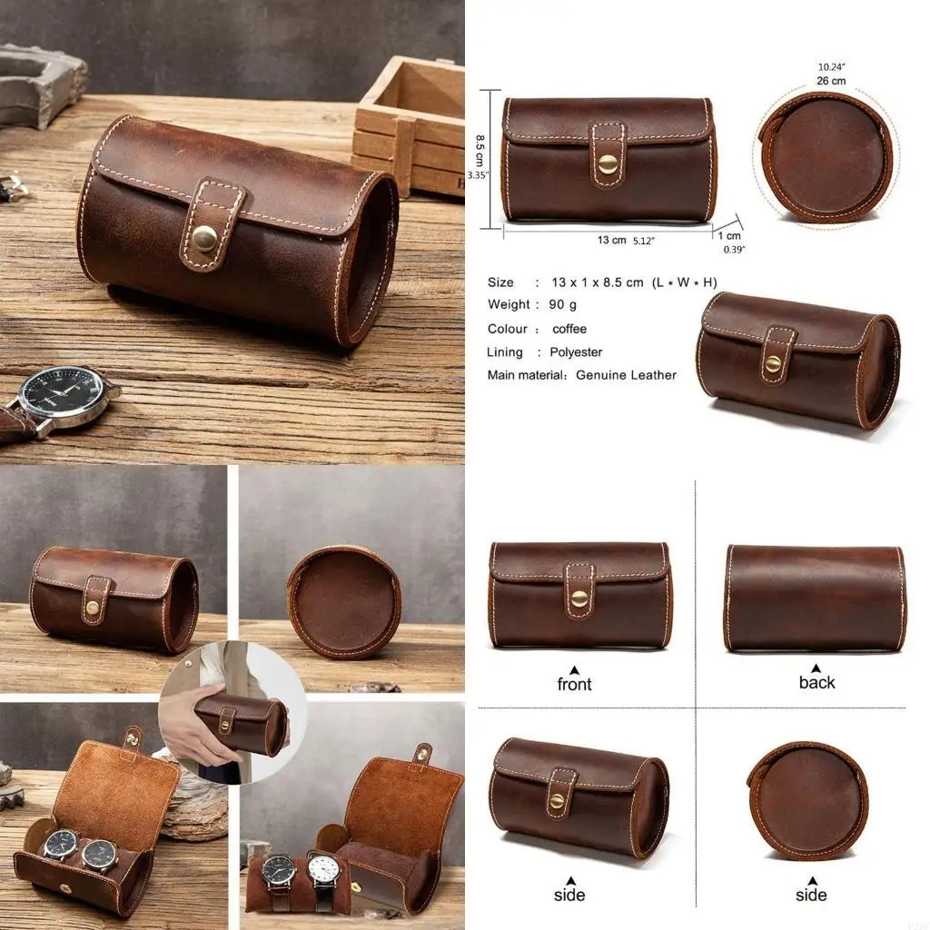 

Round Watch Storage Box Soft Wrinkle Genuine Leather Couple Watch Storage for Case Necklace Cabinets Cas