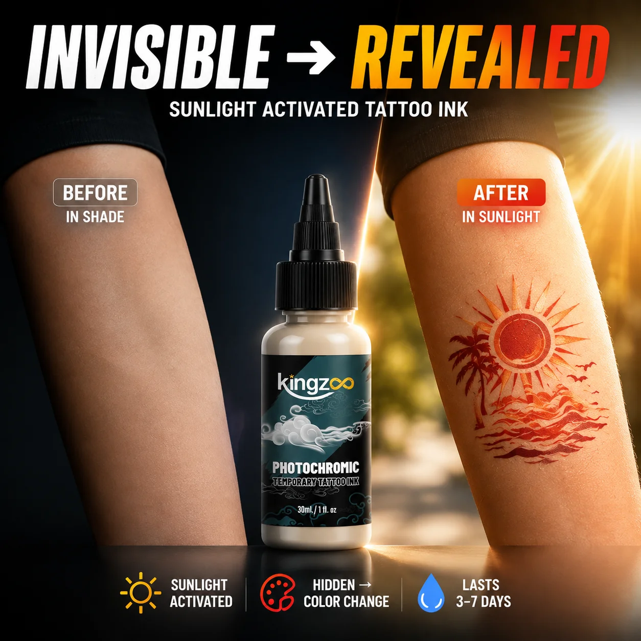 KINGZOO Temporary Tattoo Ink 30ml Sunlight Activated UV Color Change Spray Paint for Festival Party Skin Easy Remove