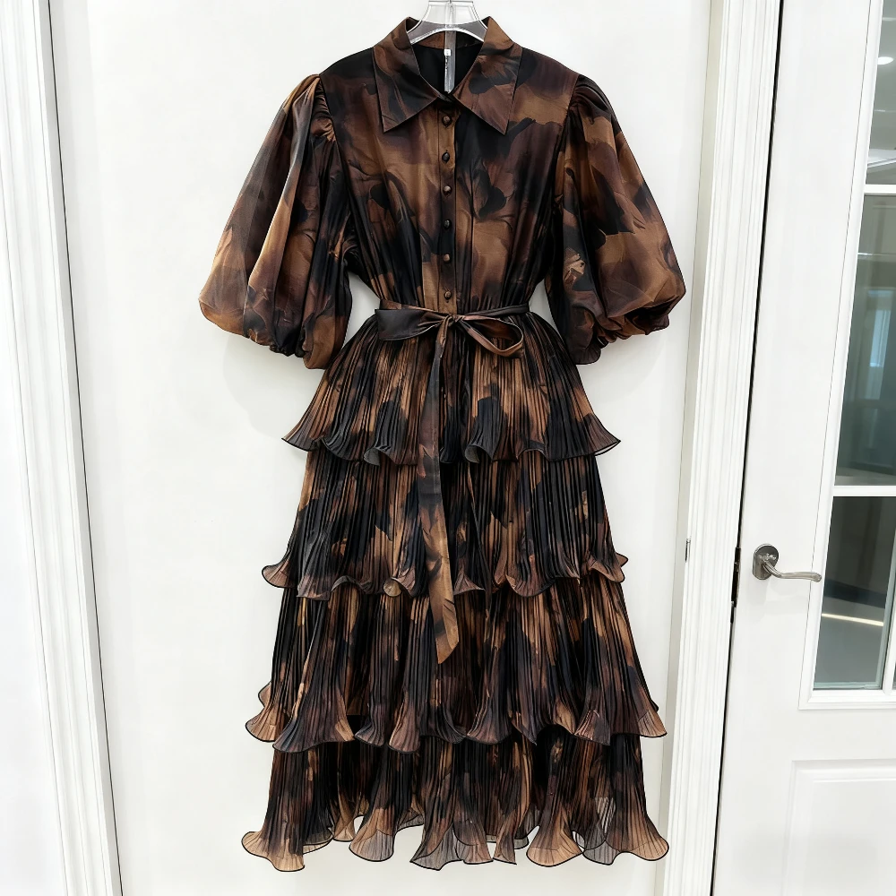 Vgh vintage luxuoso vestido para mulheres lapela meia manga cintura alta emendado rendas até em camadas vestidos de bolo roupas de moda feminina