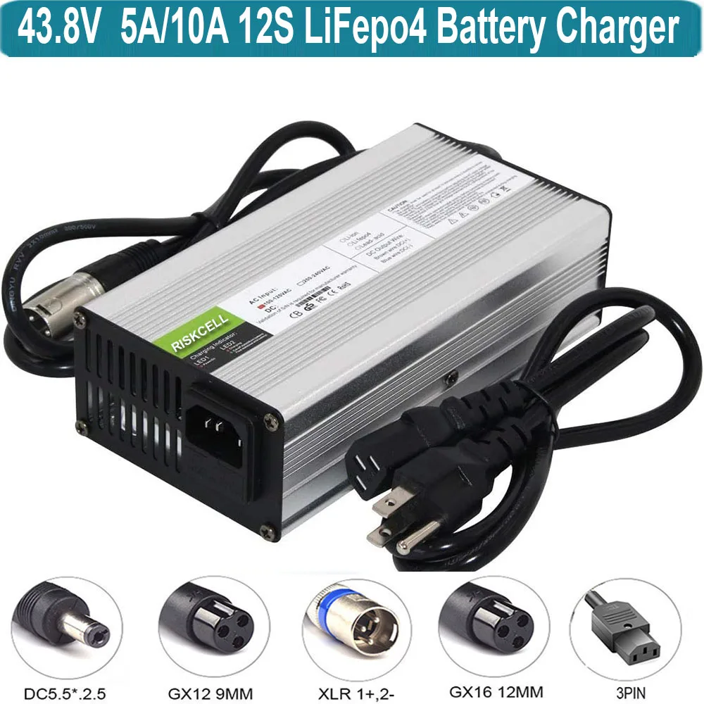 36V 5A / 43.8V 10A Lifepo4 Lithium Charger 110V 240V for 36V 12S Lifepo4 Battery with Cooling Fan Multiple Protection Functions