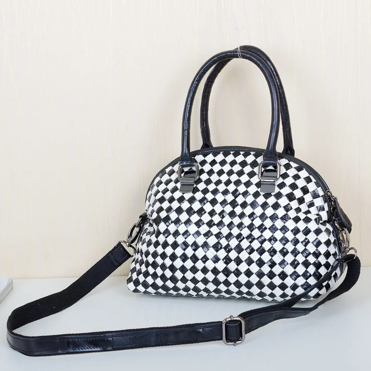 New   Shape Leather Handbag Women's Shoulder Bag Black White Checkered Patchwork Casual Crossbody Bag Soft Polyester...