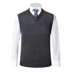 Autumn Men's Wool V-neck Vest Classic Style Business Casual Solid color Knitted Vest Sweater Male Brand Clothing