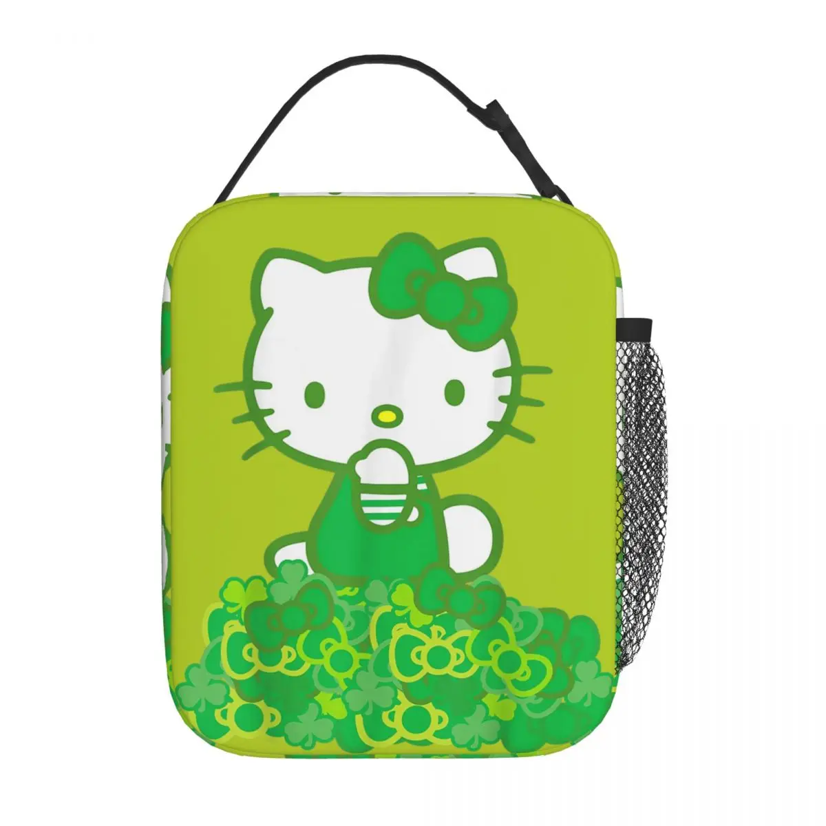 

Изолированная сумка для обеда Hello Kitty с зелеными бантиками и клеверами, портативный контейнер для обеда, термосумка, сумка-тоут, ланч-бокс, сумка для еды на пикник