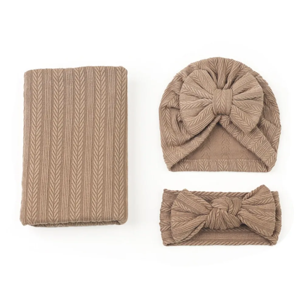

3pcs/Set 2025 Polycotton Swaddle Quilt Set Solid Color Wheat Ear Pattern Hat Headband Wrap Blanket For Newborn