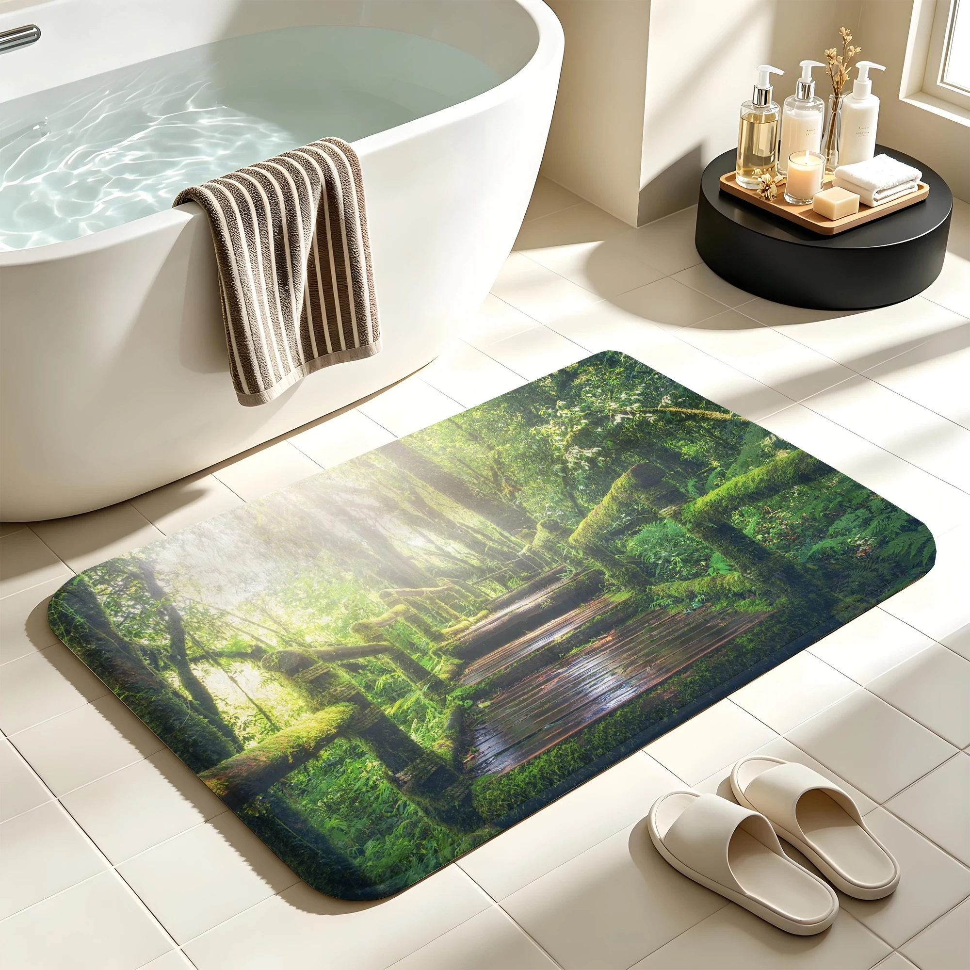Mossy Forest Bridge Bath Mat Woodland Path Water Absorbent Quick Dry Anti-Slip Shower Rug Floor Carpet for Bathroom Home Decor