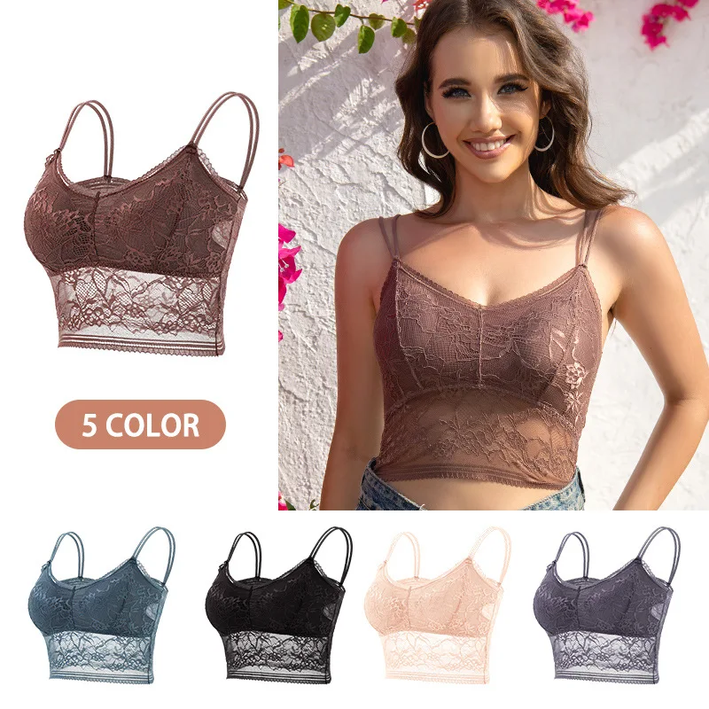 

Womens Wireless Padded Lace Bras Deep V Halter Thin Bralettes Double Straps Buckle Free Elastic Underwear Pack