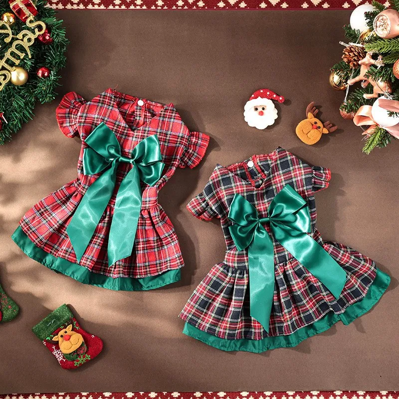 New Christmas Cute Pet Dog Clothes, Christmas Classic Plaid Skirt, Puppy Holiday Clothing, Lotus Leaf Sleeves