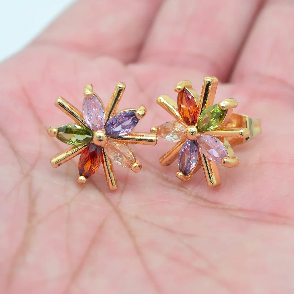 Fashion Gold Color Rainbow Zircon CZ Flower Stud Earrings for Women