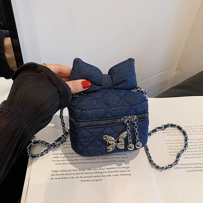Women Shoulder Bags Korea Style Denim Embroidered Bowknot Mini Bag New Autumn Winter Niche Fashionable Crossbody Bag All-match