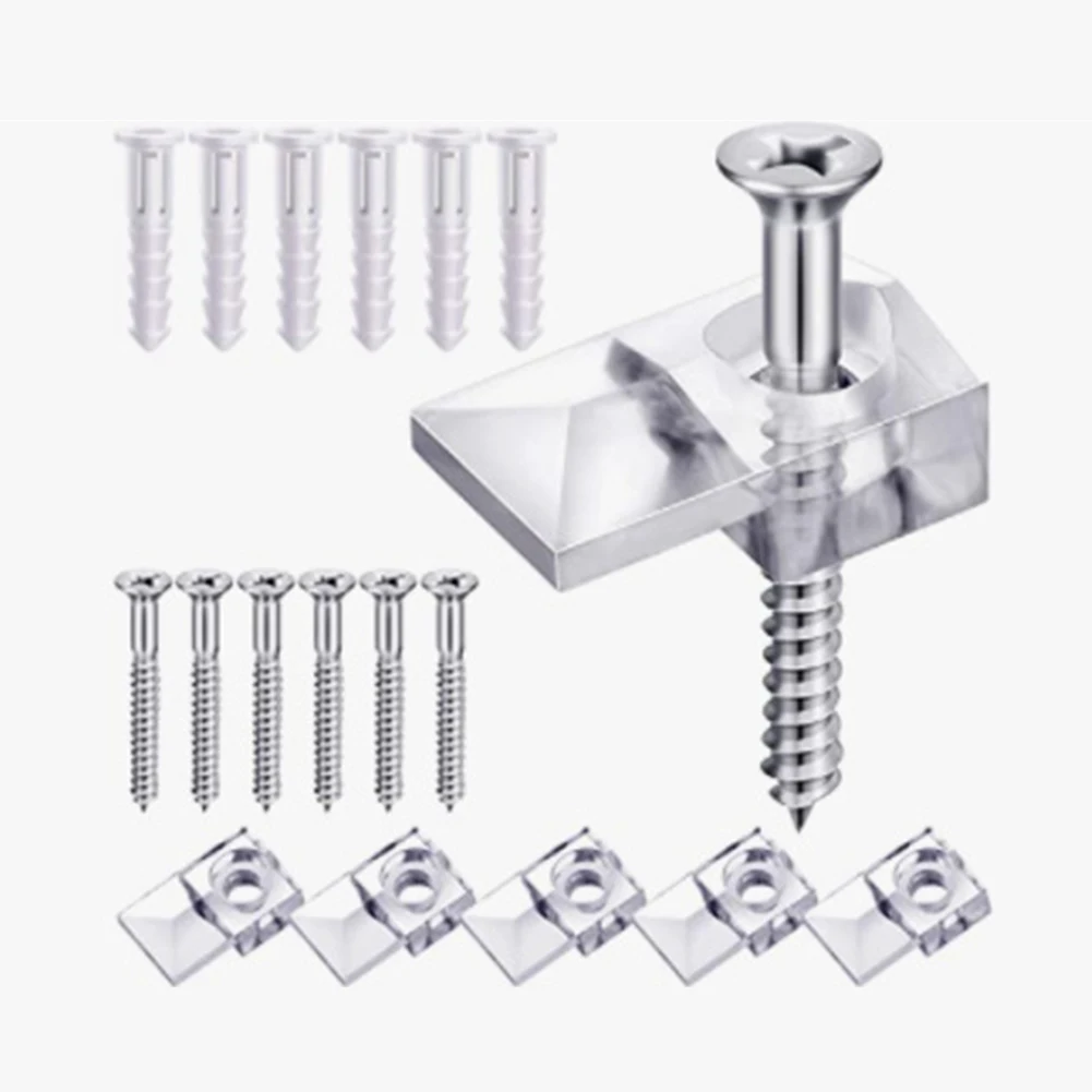 20x Mirror Holder Clips with Complete Mounting Kit for Glass Panels Up to 1/4 Inch Thickness on Solid Surfaces