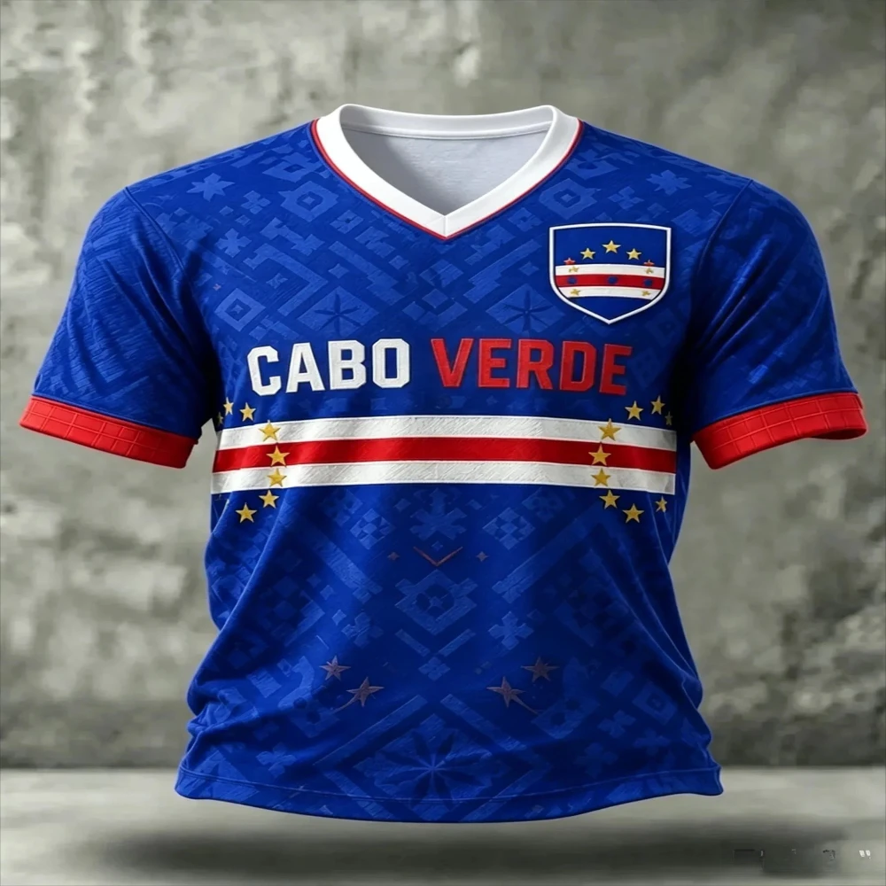 2026 Cape Verde Football Uniform, Unisex, Parent-child 3D Printed Quick Drying Football T-shirt Sports Fan Short Sleeved