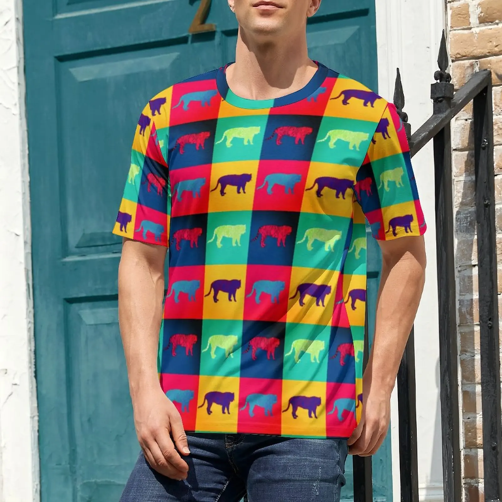 Colorful Tiger T-Shirt Pop Art Style Cool T Shirts Male Funny Tee Shirt Beach Short Sleeve Custom Top Tees Plus Size