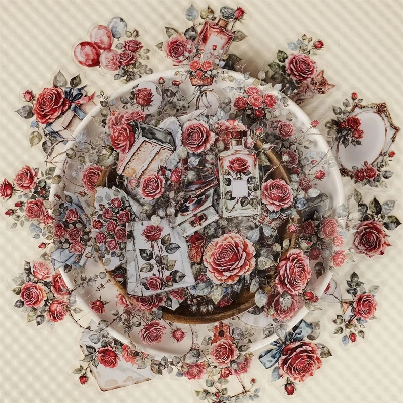 56PCS Vintage Pink Rose PET Sticker Aesthetic Colored Sticky Decoration Scrapbooking DIY Stationery Supplies