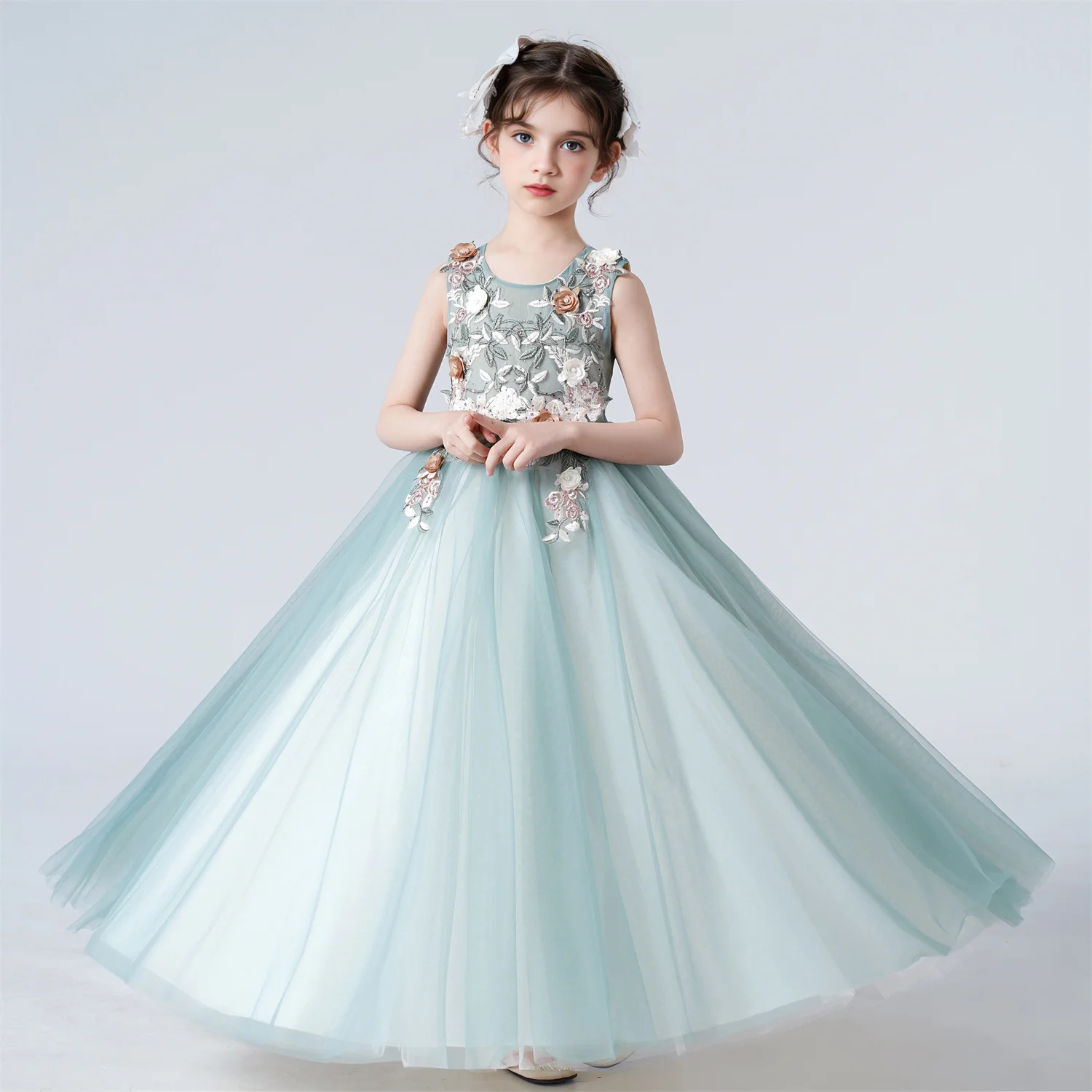 Children\'s Girls Dresses For Eid Luxury Party Princess Dress 4-12 Years Old Kids Girl Long Dress Robe Tulle Green Clothing