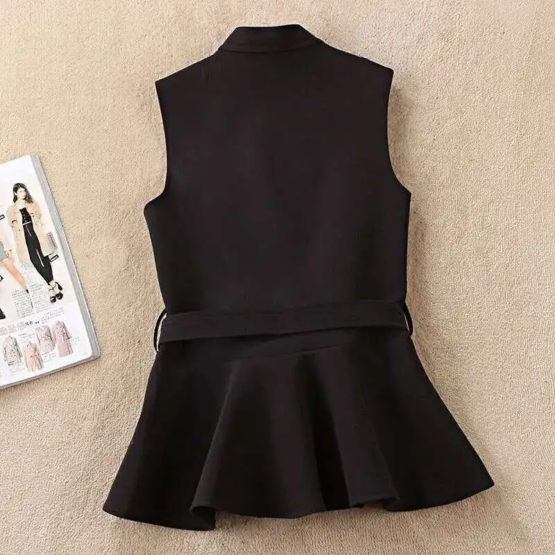 #5109 Black Blazer Waistcoat Women Belt Sleeveless Coat Female Slim Office Vest Woman V-neck Korean Style Vests Waistcoat Femme