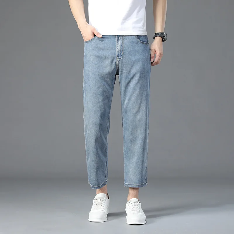 Spring Summer Tencel Linen Loose Straight 8/10 Length Jeans Men's Vintage Casual Trousers