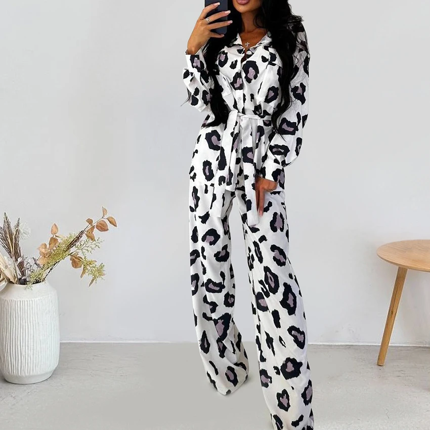 HiLoc Printed Fashion Woven Pajamas Two-Piece Long Sleeve Lapel Single-Breasted Lace-Up Blouse Elastic Waist Ankle-Length Pants