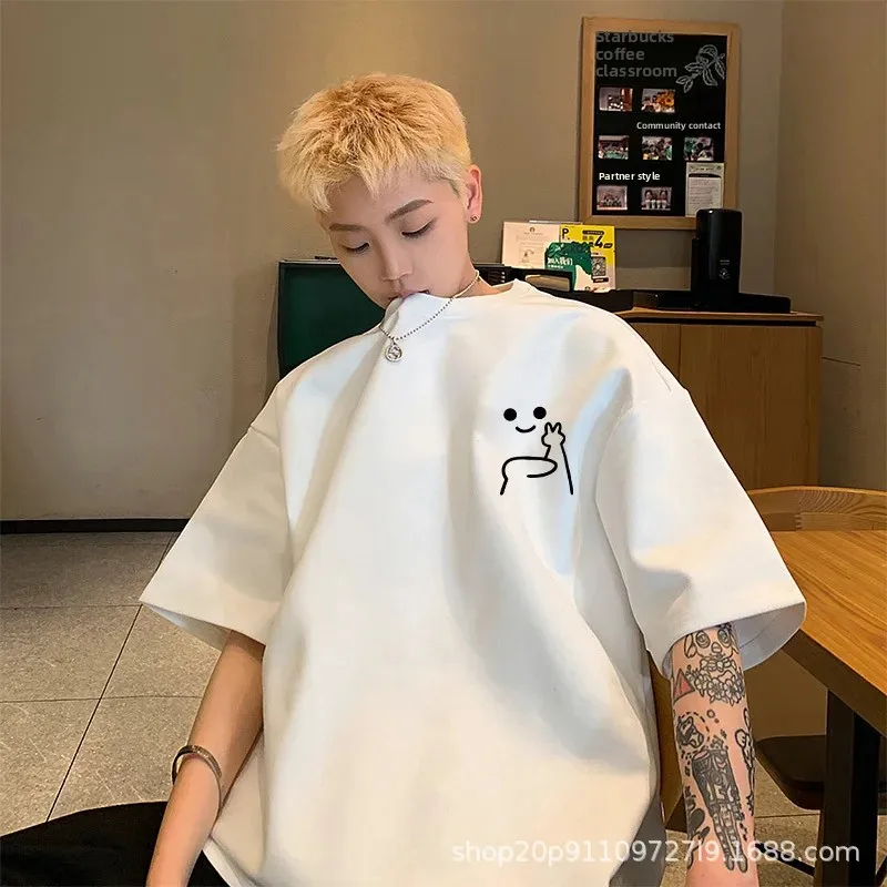 فضفاض عصري قصير الأكمام الرجال تي شيرت تنفس الكرتون طباعة الصيف أزياء عارضة أعلى نصف كم هونغ كونغ نمط المحملة #1