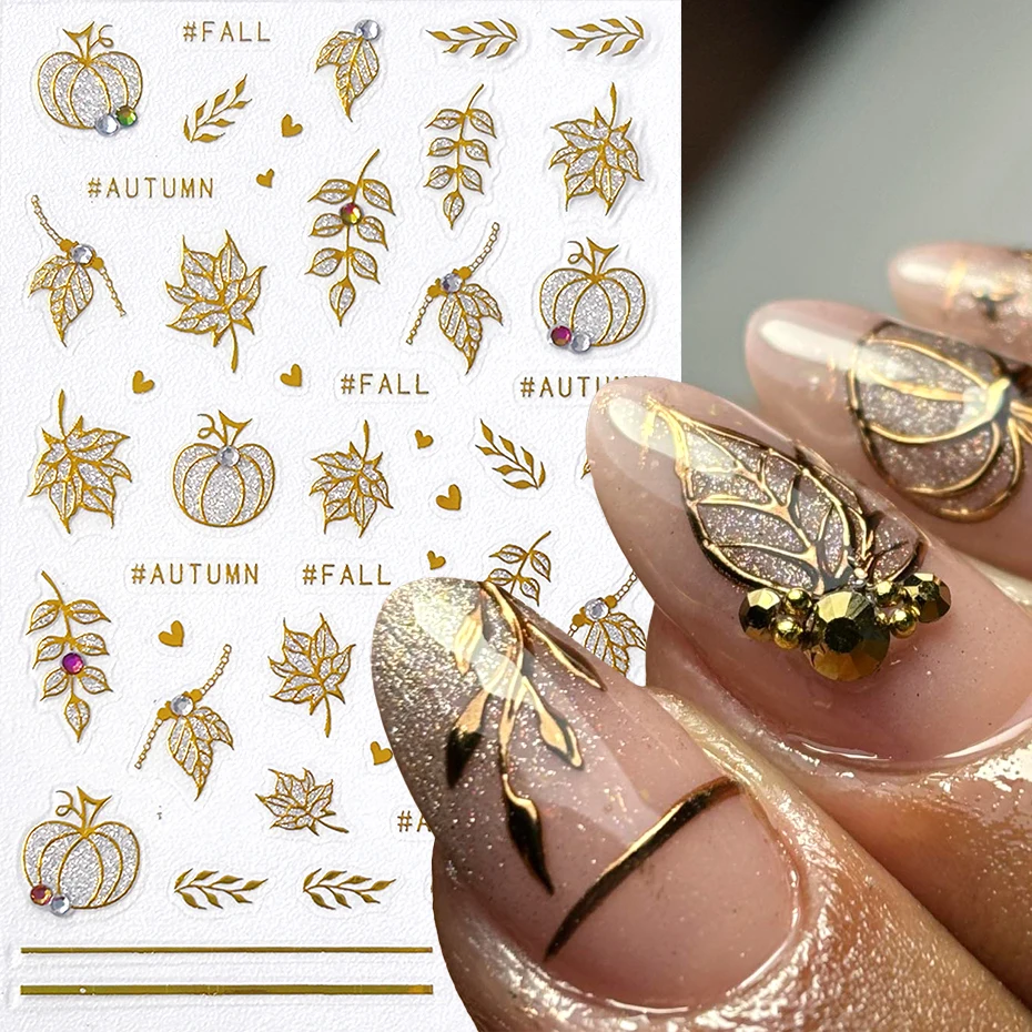 2 個ゴールドグリッター秋カボチャの葉ネイルステッカー 3D ネイルデカール秋のカエデの葉ハートデザインネイルアートデコレーションマニキュア
