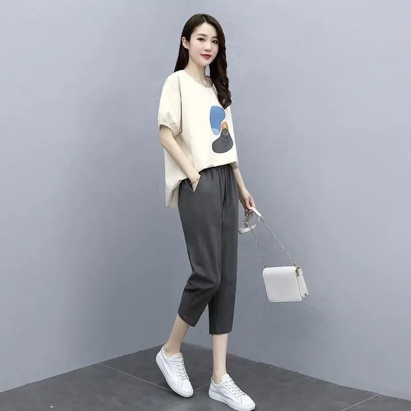 Women's Casual Suit Cotton Tops 2024 Summer New Fashion Sports Slimming T-shirt And Calf-Length Pants 2 Two Piece Set For Women