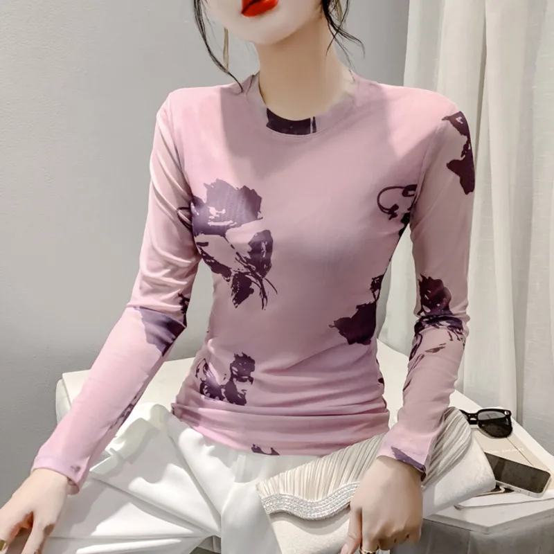 #8686 Pink Printed Mesh T Shirt Women Round Neck Tight Tshirt Female Long Sleeve Office Retro Streetwear T-shirt Korean Fashion