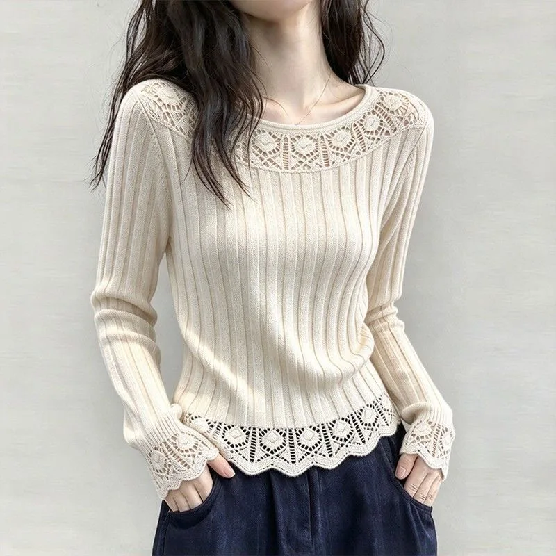 Fashion Long Sleeve Knitted Sweater Women Pullovers Unique O-neck Hollow Out Knit Sweater Pullover Women Tops Knitwears