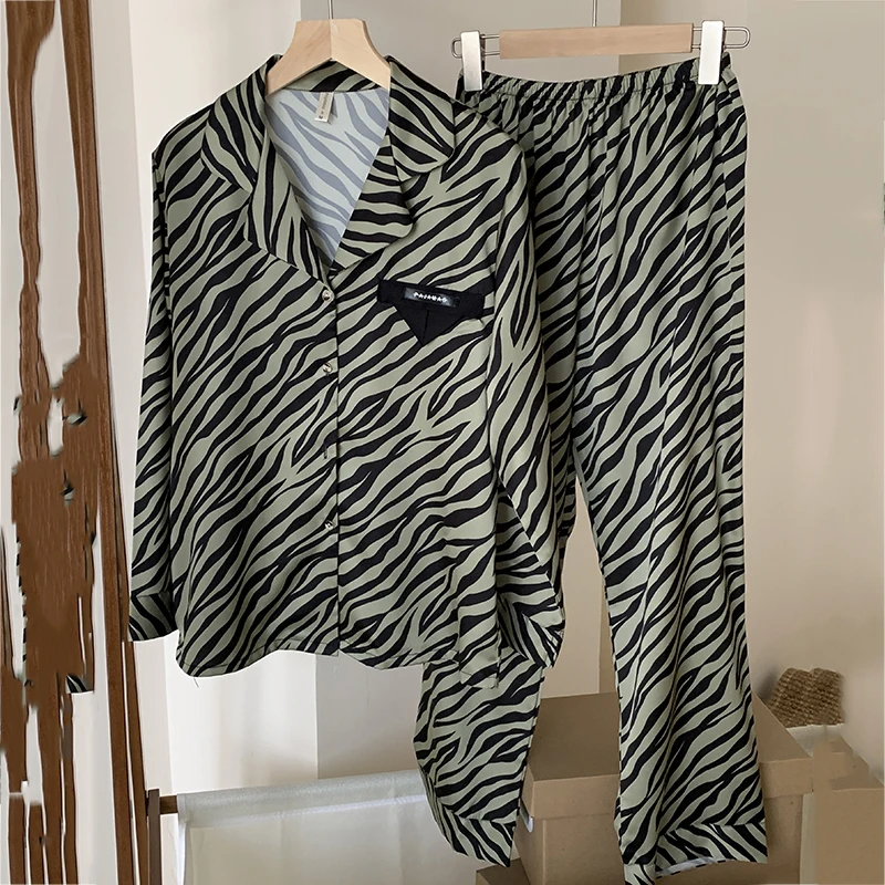 Female Pajamas Sexy Print Zebra Green Stripe Sleepwear Pijamas Suit Spring Autumn Long Sleeve Nightwear Loose Satin Home Wear